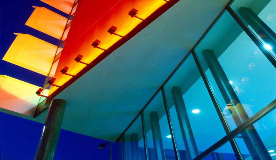 Exterior of Harglenis building washed in multicoloured lights