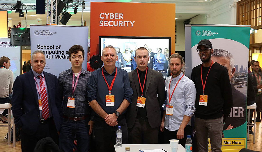 Prof Ouazzane with researchers from the Centre at the Innovation event of Lloyds