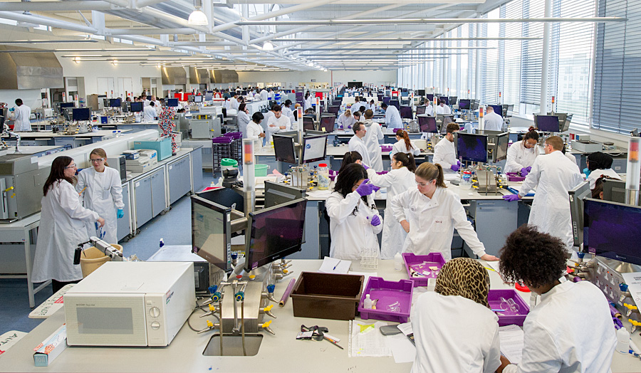 Wide shot of students working in the Science Lab with all of the equipment
