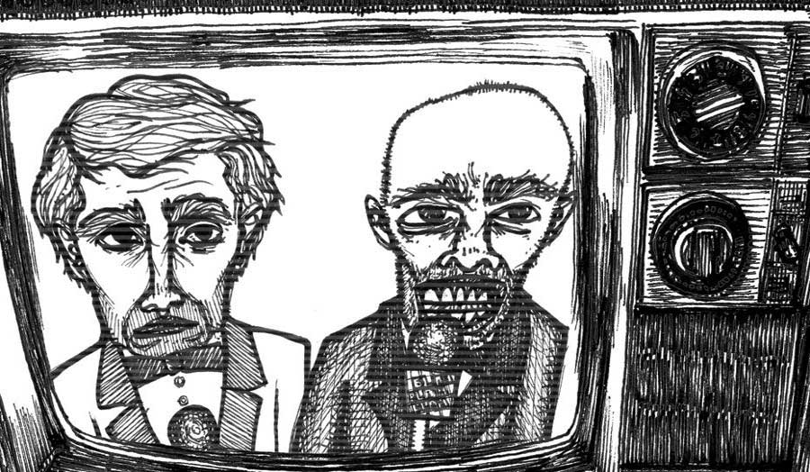 Image: 'Battle of the Gods' wrestling commentators (cropped) Mixed media (Pen on paper & Photoshop)