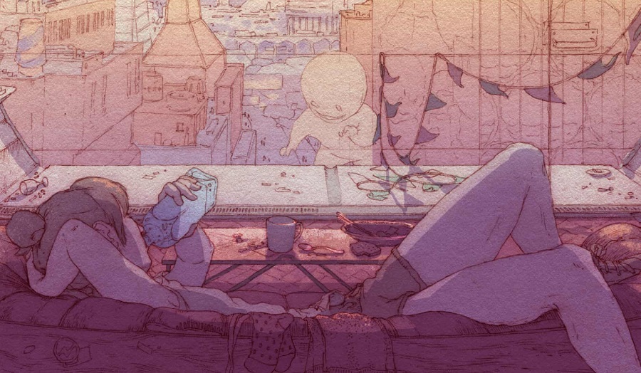 illustration of person reclined on bed drinking in futuristic environment