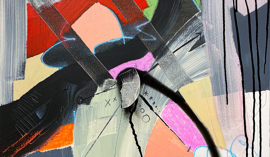 abstract art in pink, yellow, green and red