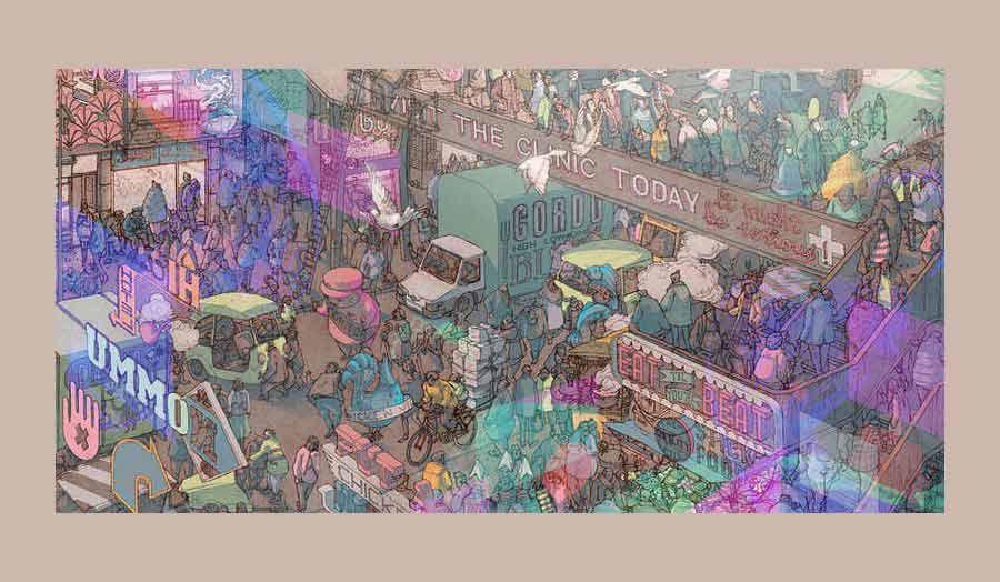 Illustration of a busy city street