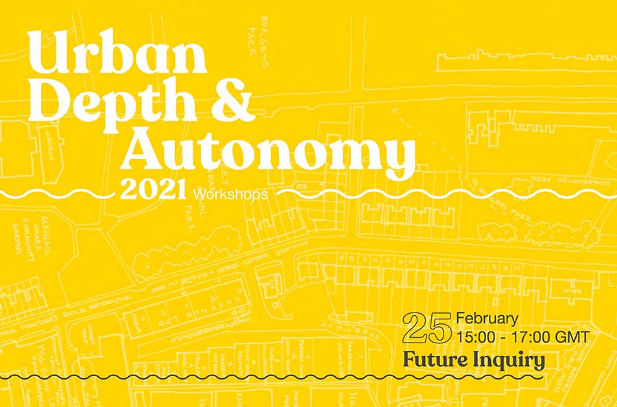 A poster announcing the event with a faded white line drawing of a city map on yellow background