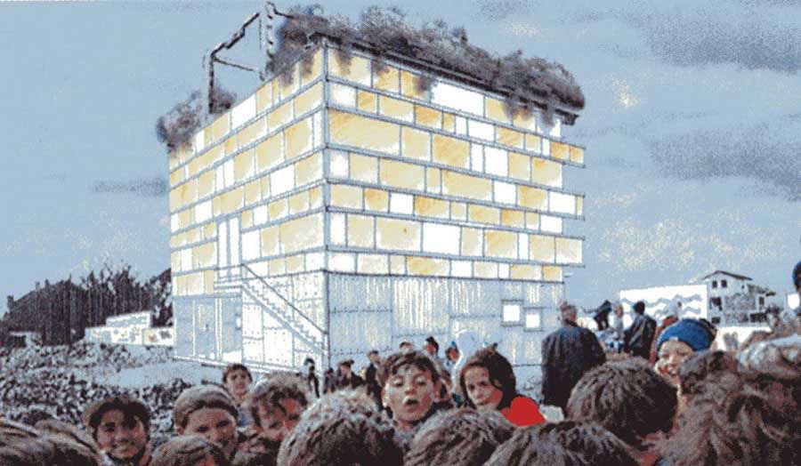 Plastic Sheet Cladding of Burnt Out Shell as Temporary Post Office Kosovo