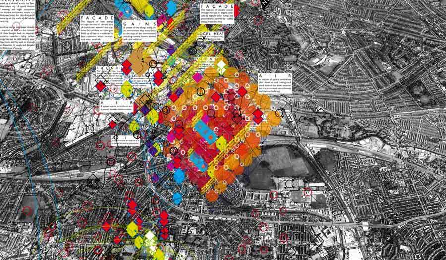 An aerial planner of a city with some text bubbles containing some information