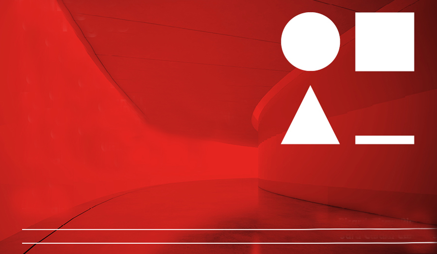 red backroynd with white geometrical figures on the top right hand corner