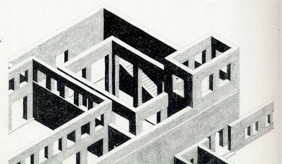 Axonometric pencil drawing of St. Benedictusberg Abbey, Mamelis in Vaals (1956–1968), Dom Hans van der Laan