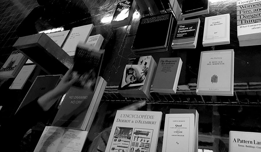 Selecting books from Mortiz Küng’s Curating the Library. Joseph Kohlmaier and Esther Venrooij, Luca School of Arts, Ghent, March 2016