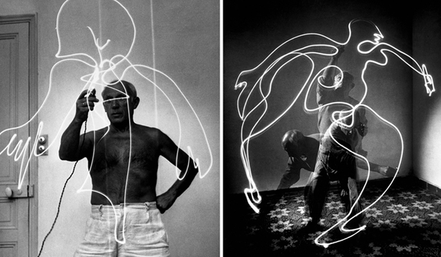 Split frame image of Picasso drawing on glass