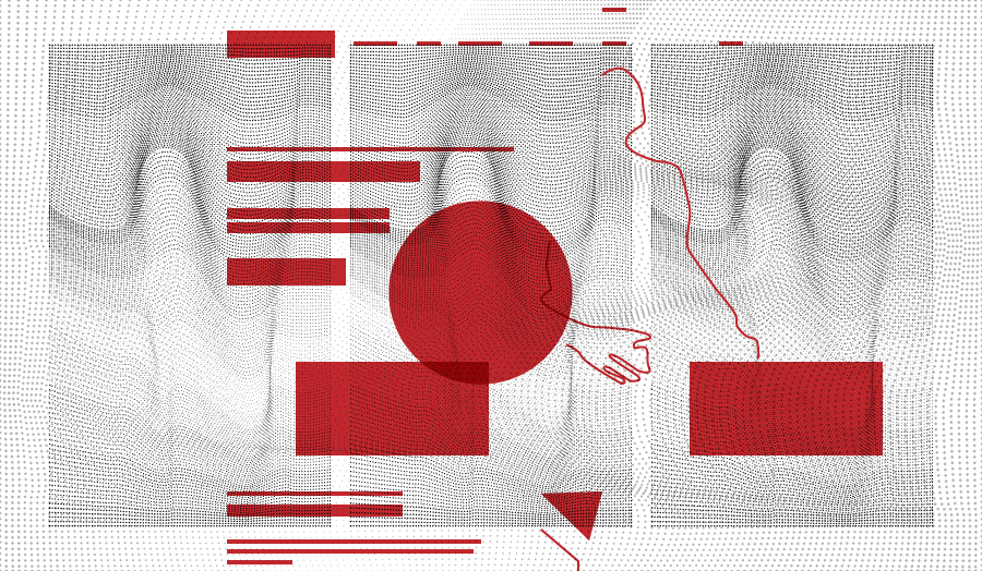 Composition with doted lines and red geometrical shapes