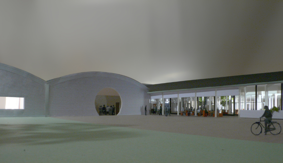 Module of single storey building with openings and people