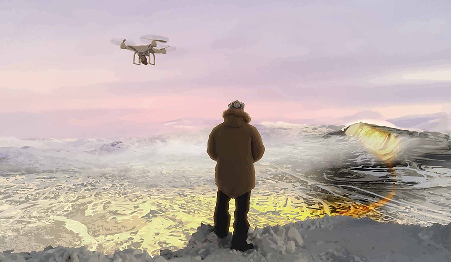 Man standing on edge of mountain controlling a drone