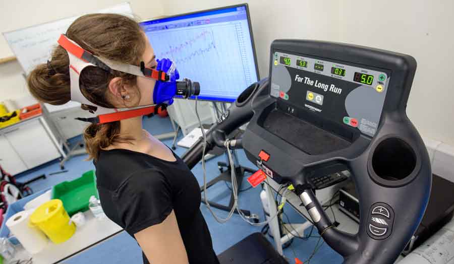 Student doing a breathing test