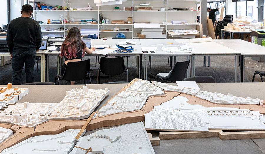 Architecture design studio with two people working