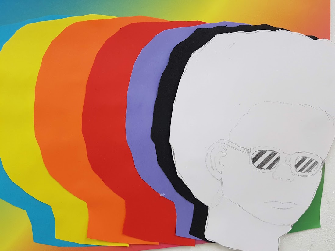 Club member portrait which has a sketched face with shadows in different bold colours 