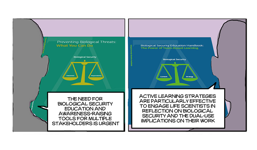 A cartoon in which a scale balances the need for biological security education