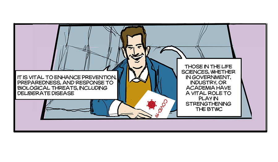 A cartoon in which a man tells an audience about the need to strengthen the Biological and Toxin Weapons Convention (BTWC)