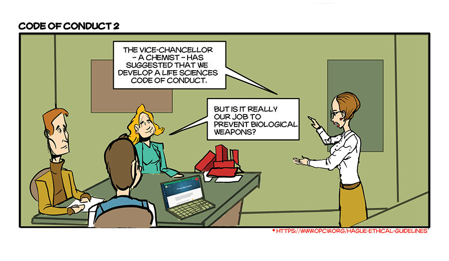 People sitting around a table and a woman telling them the need to develop a code of conduct