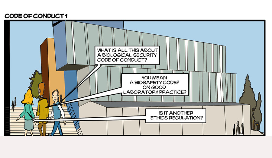 A woman and two men are talking outside a laboratory about the biosafety code of conduct