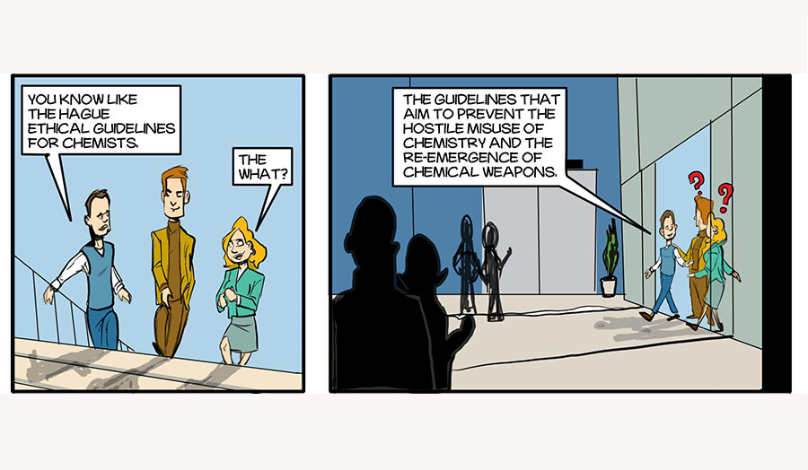 Two vignettes in which a woman and two men enter a building talking about the Hague ethical guidelines for chemists.