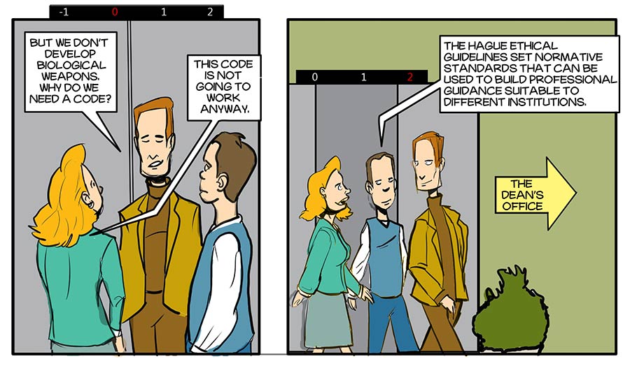 A woman and two men inside an elevator talk about the ethical guidelines of The Hague which has established normative standards as professional guidance