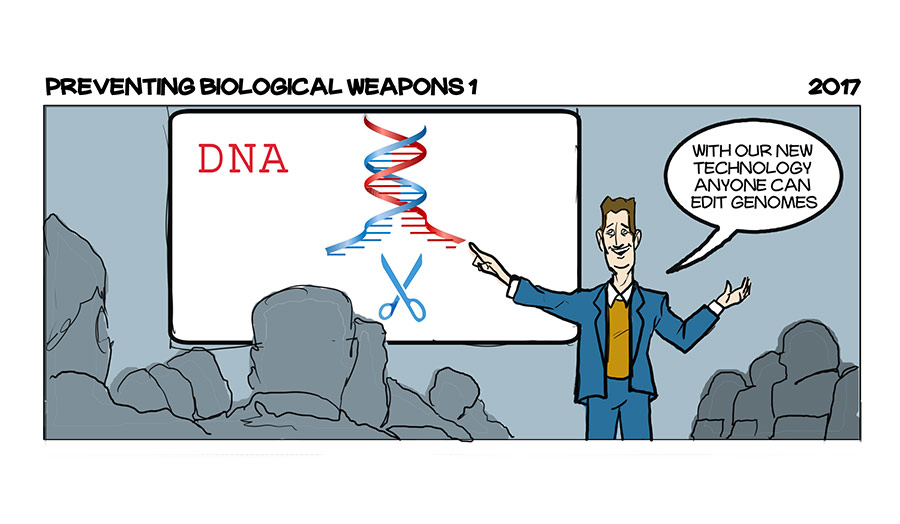 An illustration of a man giving a talk to a seated audience with a text bubble that says, “With our new technology, anyone can edit genomes