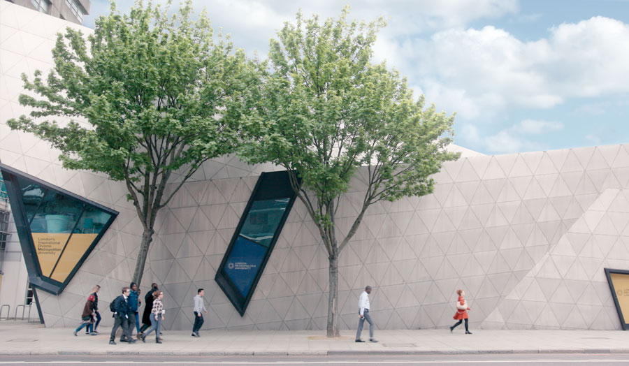 Facade of the Graduate Centre with pedestrians passing by